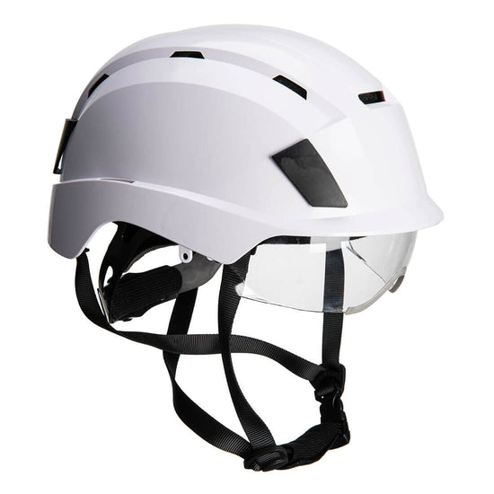 Side of Portwest Integrated Visor Helmet in white with black panels on top and side of helmet, black harness and chin strap and clear visor on front.