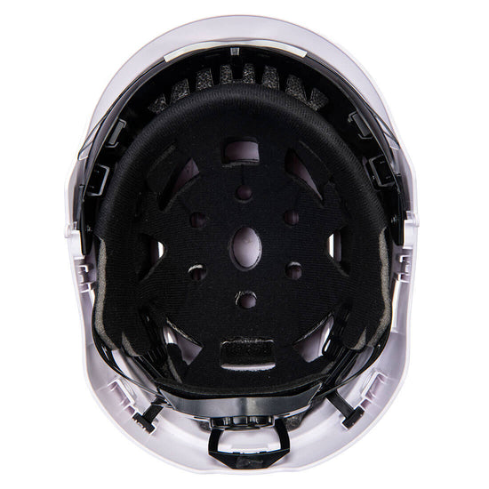 Underneath of Portwest Integrated Visor Helmet in white with black harness and clear visor on front.