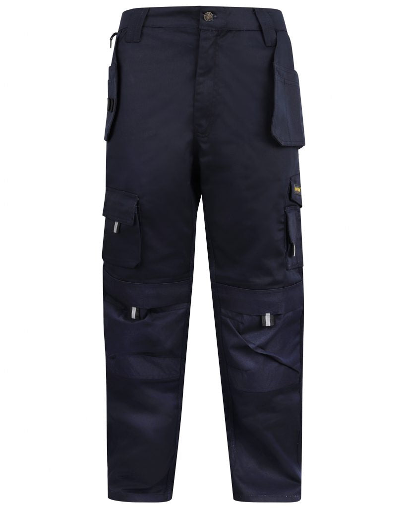 Navy Kapton heavy duty corder cargo trousers with holster pockets and d loop for a hammer.