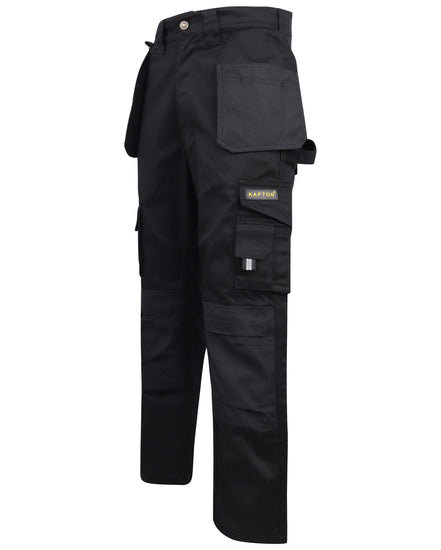 Black Kapton heavy duty corder cargo trousers with holster pockets and d loop for a hammer.