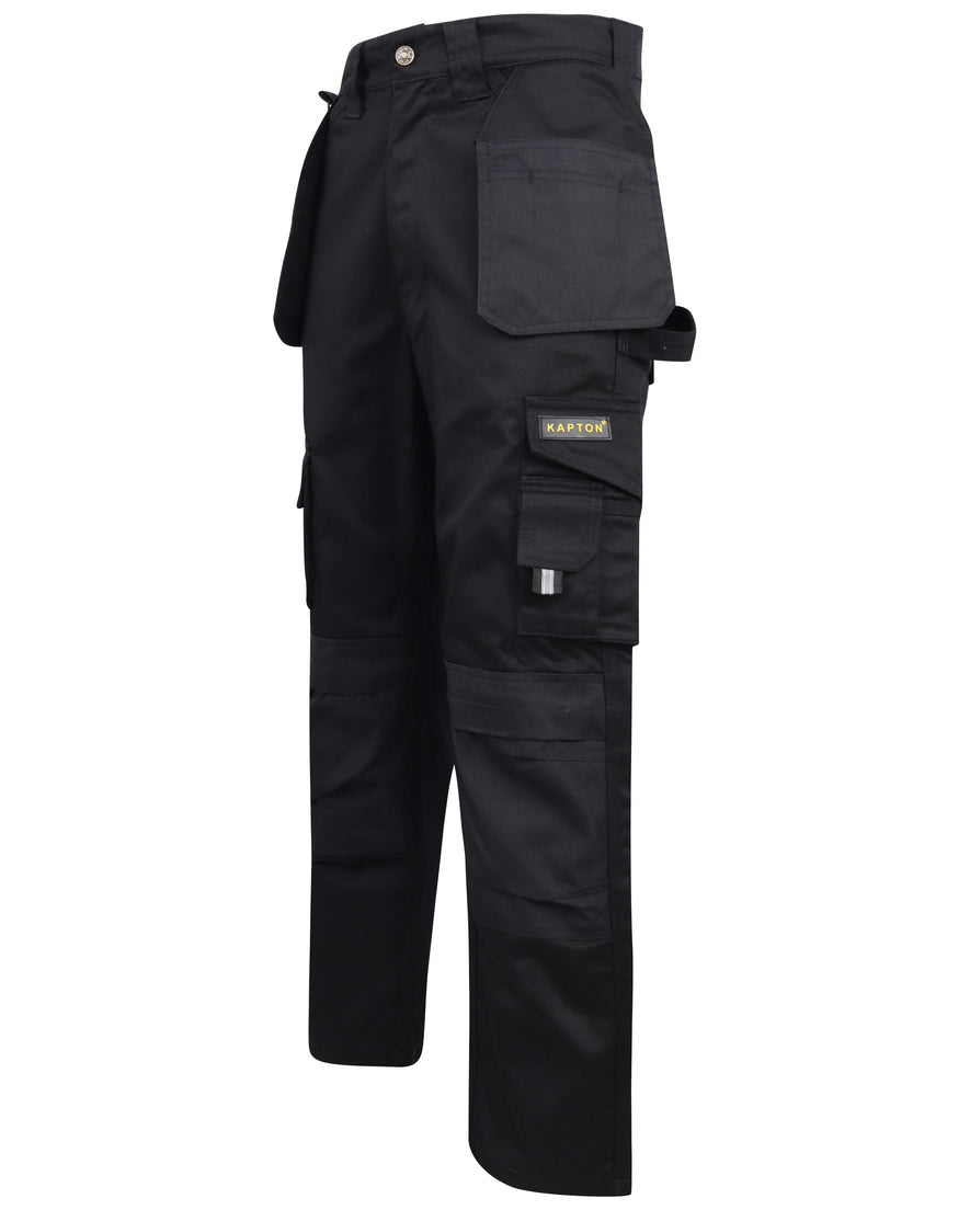 Black Kapton heavy duty corder cargo trousers with holster pockets and d loop for a hammer.