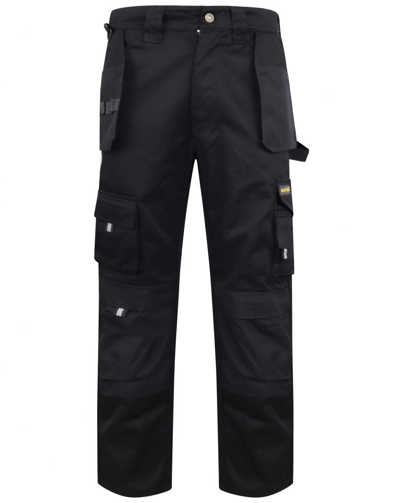 Black Kapton heavy duty corder cargo trousers with holster pockets and d loop for a hammer.