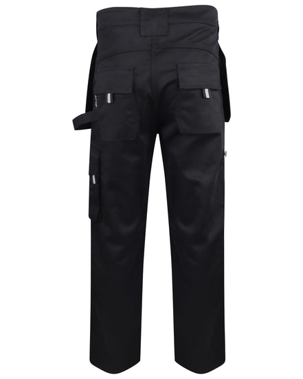 Black Kapton heavy duty corder cargo trousers with holster pockets and d loop for a hammer.