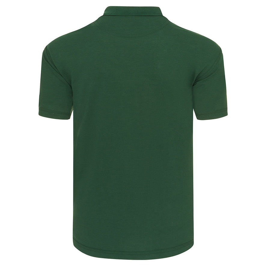 Back of Orn Workwear Osprey EarthPro Poloshirt with button up collar in bottle green.