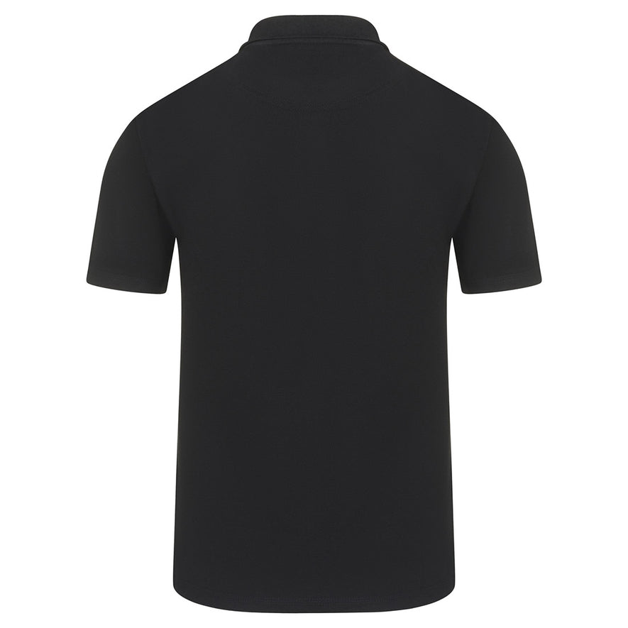 Back of Orn Workwear Osprey EarthPro Poloshirt with button up collar in black.