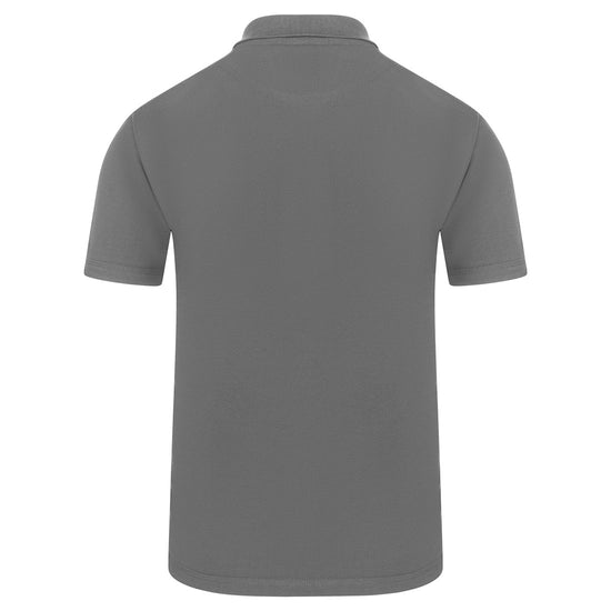 Back of Orn Workwear Osprey EarthPro Poloshirt with button up collar in graphite grey.