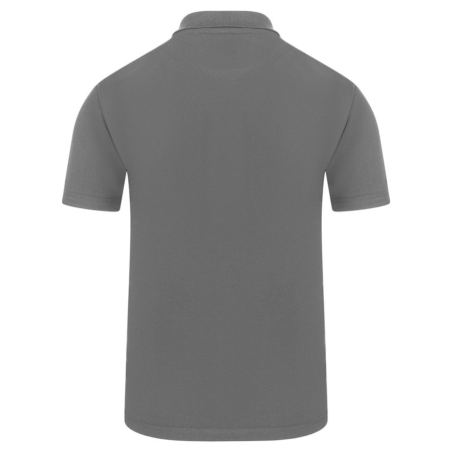 Back of Orn Workwear Osprey EarthPro Poloshirt with button up collar in graphite grey.