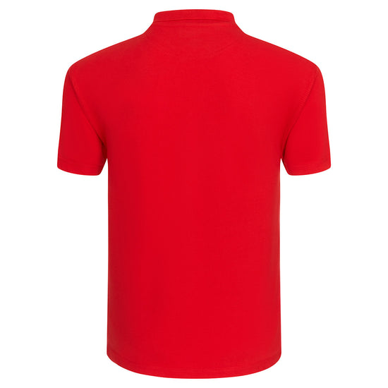 Back of Orn Workwear Osprey EarthPro Poloshirt with button up collar in red.