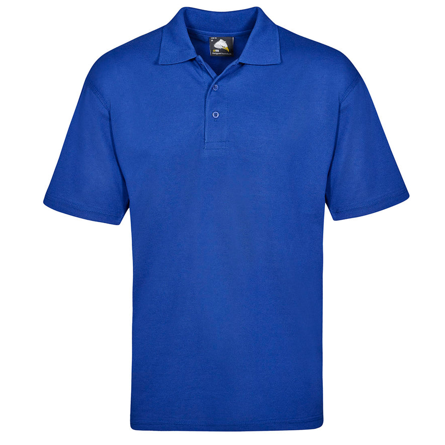 Orn Workwear Osprey EarthPro Poloshirt with button up collar in royal blue.