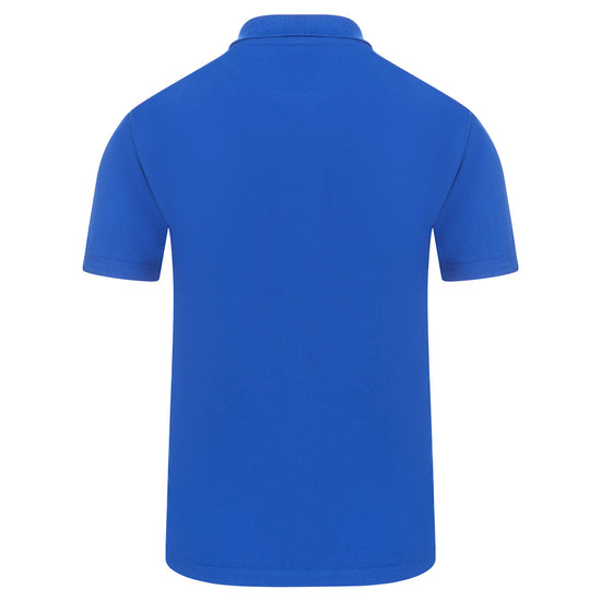 Back of Orn Workwear Osprey EarthPro Poloshirt with button up collar in royal blue.