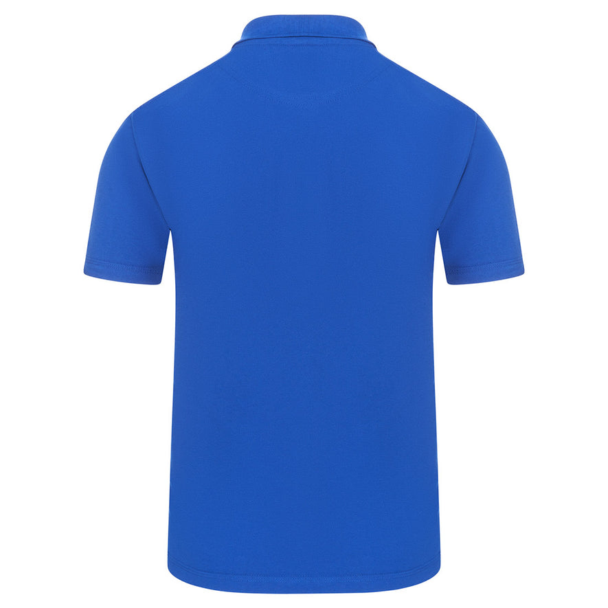 Back of Orn Workwear Osprey EarthPro Poloshirt with button up collar in royal blue.