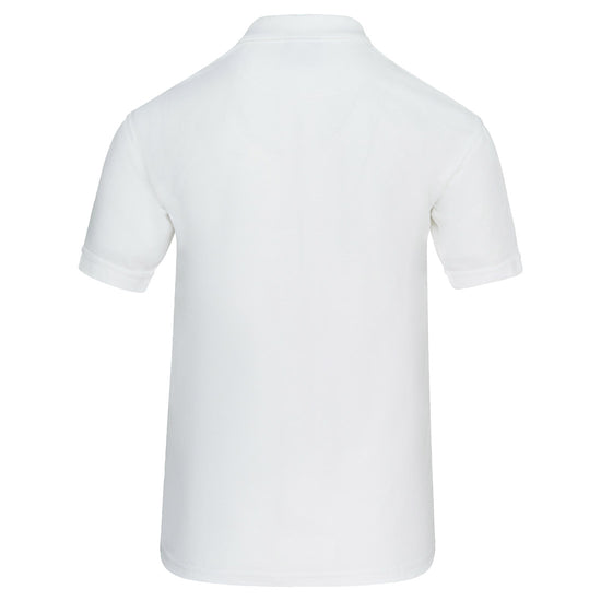 Back of Orn Workwear Osprey EarthPro Poloshirt with button up collar in white.