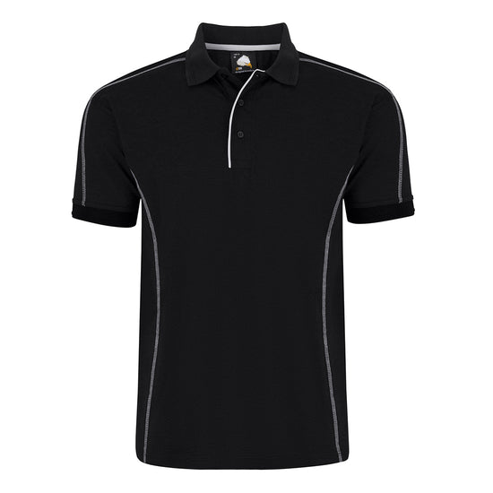 Orn Workwear Crane Poloshirt with button up collar in black with contrast grey stitching and a white line down the placket.