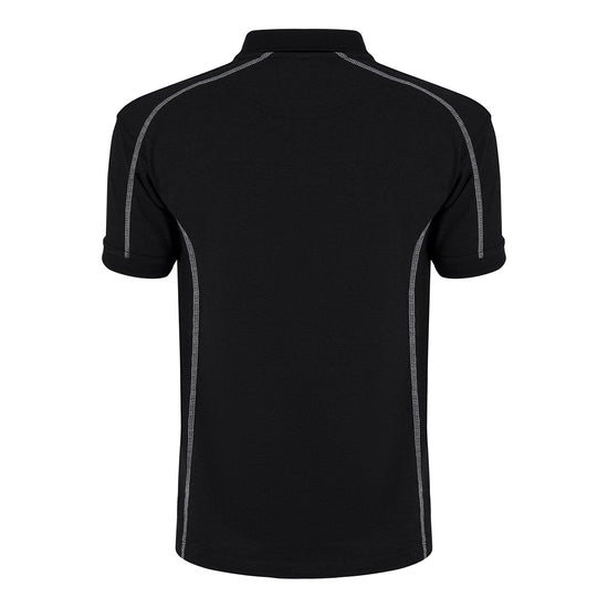 Back of Orn Workwear Crane Poloshirt with button up collar in black with contrast grey stitching and a white line down the placket.