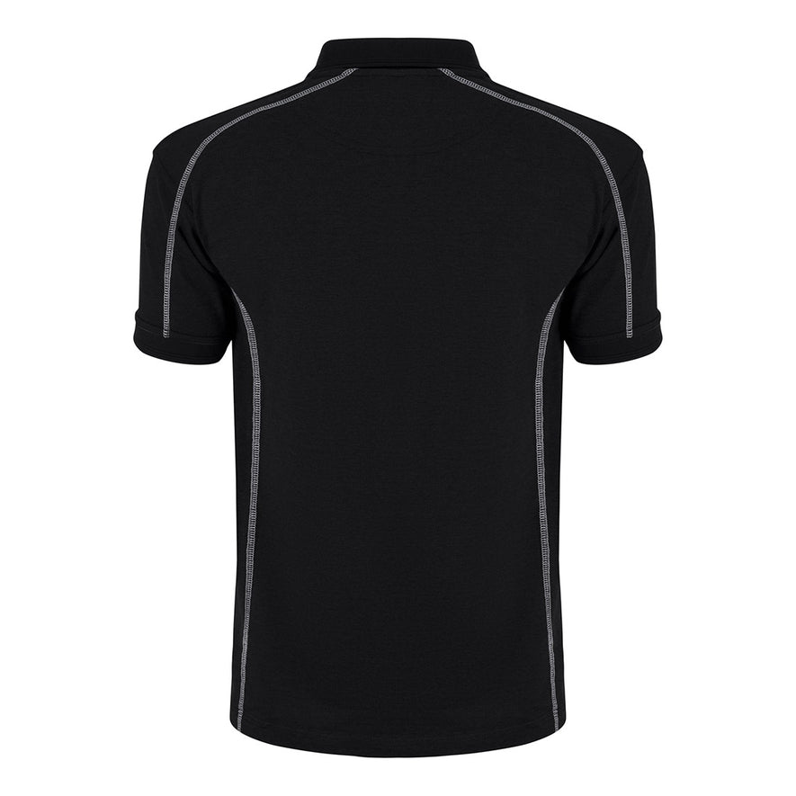 Back of Orn Workwear Crane Poloshirt with button up collar in black with contrast grey stitching and a white line down the placket.