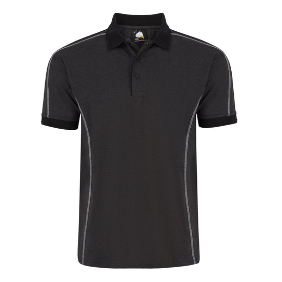 Orn Workwear Crane Poloshirt with button up collar in charcoal melange with contrast black stitching.