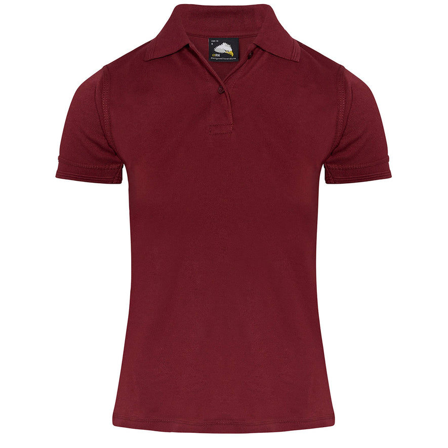 Orn Workwear Wren Ladies Poloshirt with button up collar in burgundy.