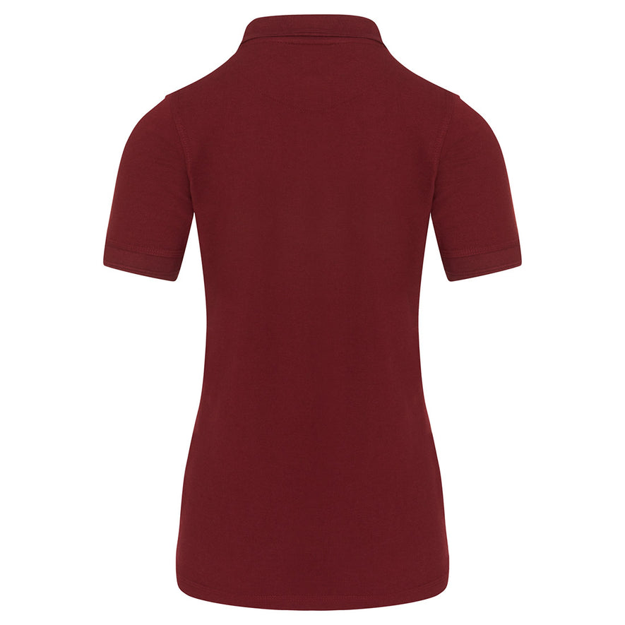 Back Of Orn Workwear Wren Ladies Poloshirt with button up collar in burgundy.