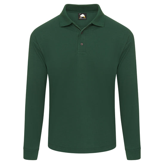 Orn Workwear Weaver Long Sleeve Poloshirt with button up collar in bottle green.