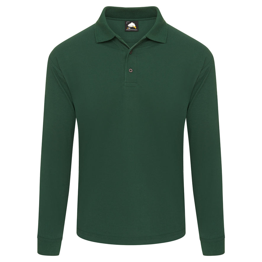 Orn Workwear Weaver Long Sleeve Poloshirt with button up collar in bottle green.