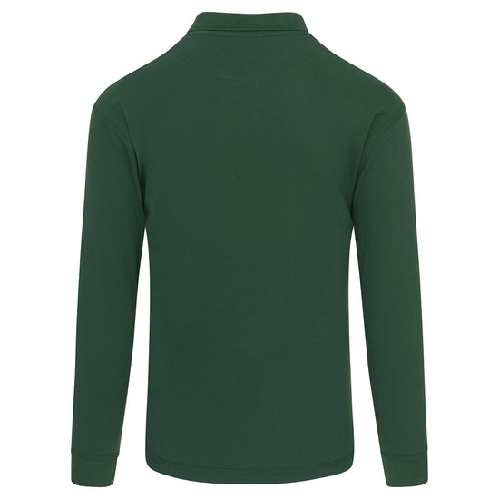 Back Of Orn Workwear Weaver Long Sleeve Poloshirt with button up collar in bottle green.