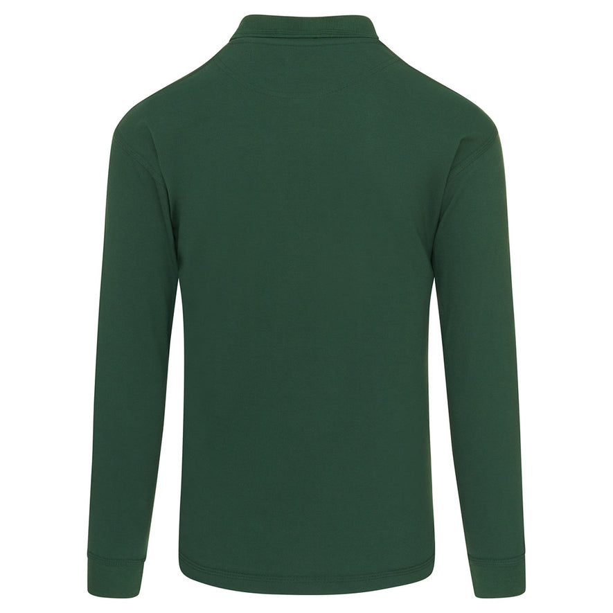 Back Of Orn Workwear Weaver Long Sleeve Poloshirt with button up collar in bottle green.