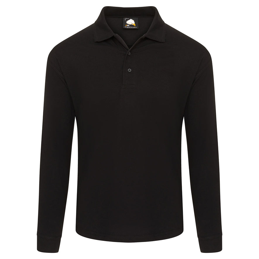 Orn Workwear Weaver Long Sleeve Poloshirt with button up collar in black.