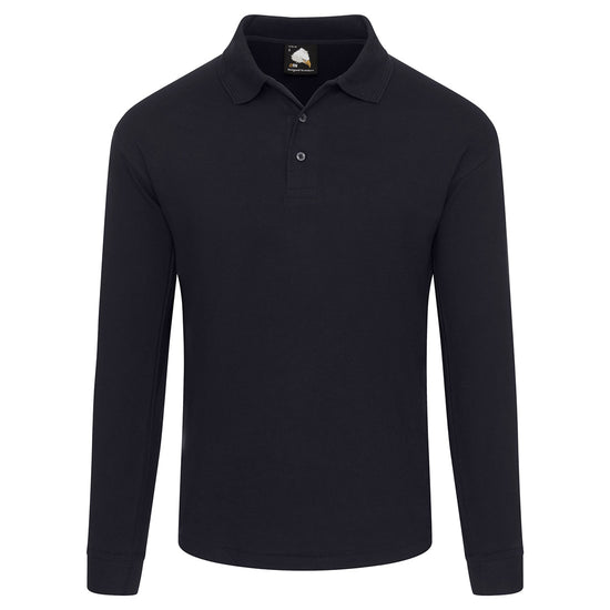 Orn Workwear Weaver Long Sleeve Poloshirt with button up collar in navy.