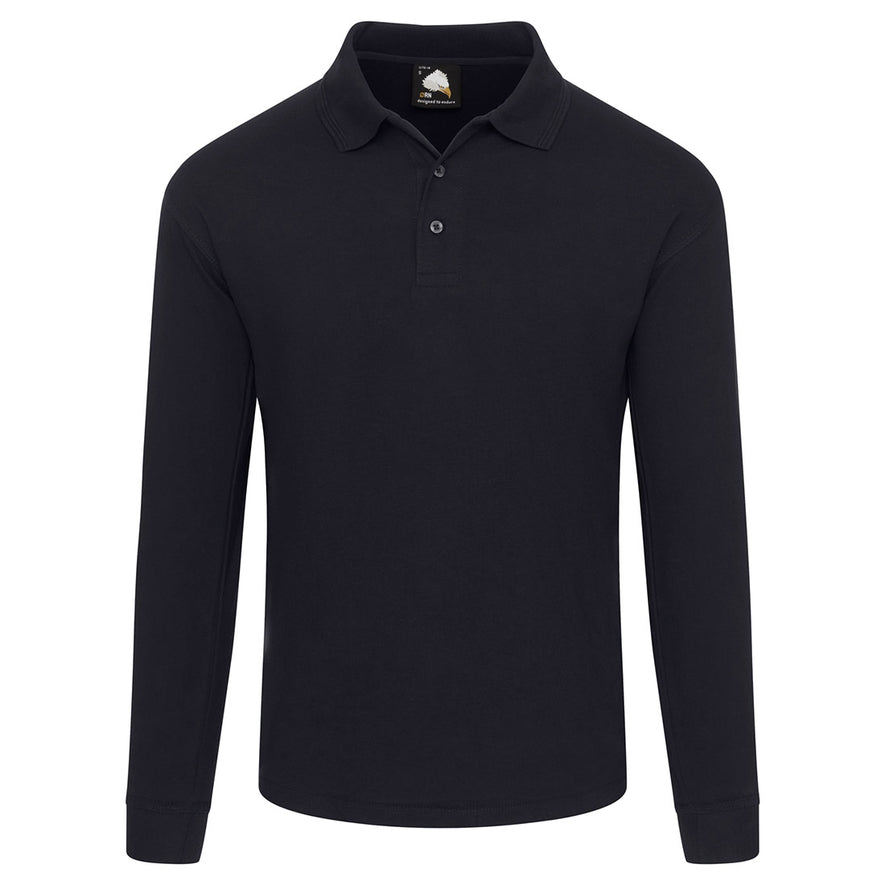 Orn Workwear Weaver Long Sleeve Poloshirt with button up collar in navy.