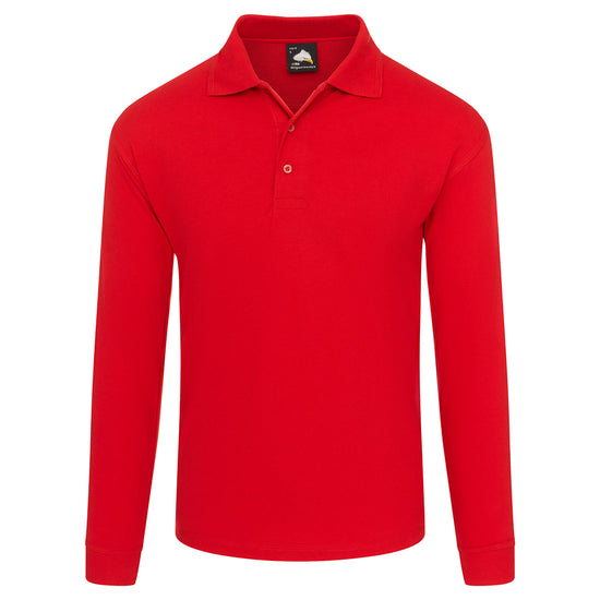 Orn Workwear Weaver Long Sleeve Poloshirt with button up collar in red.