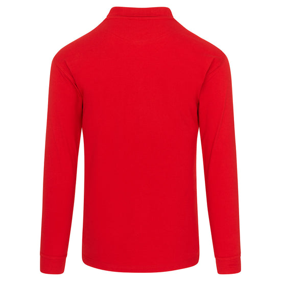 Back Of Orn Workwear Weaver Long Sleeve Poloshirt with button up collar in red.