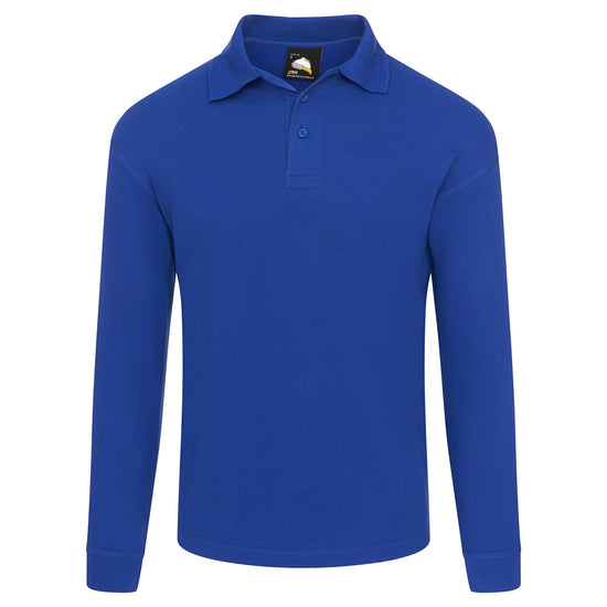 Orn Workwear Weaver Long Sleeve Poloshirt with button up collar in royal blue.