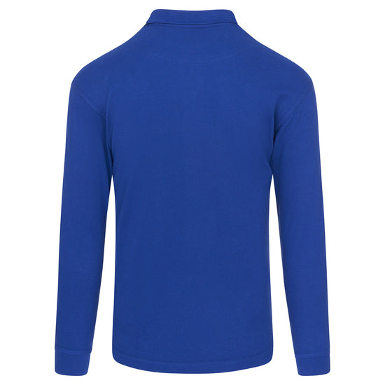 Back Of Orn Workwear Weaver Long Sleeve Poloshirt with button up collar in royal blue.