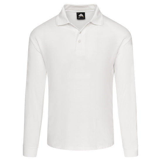 Orn Workwear Weaver Long Sleeve Poloshirt with button up collar in white.