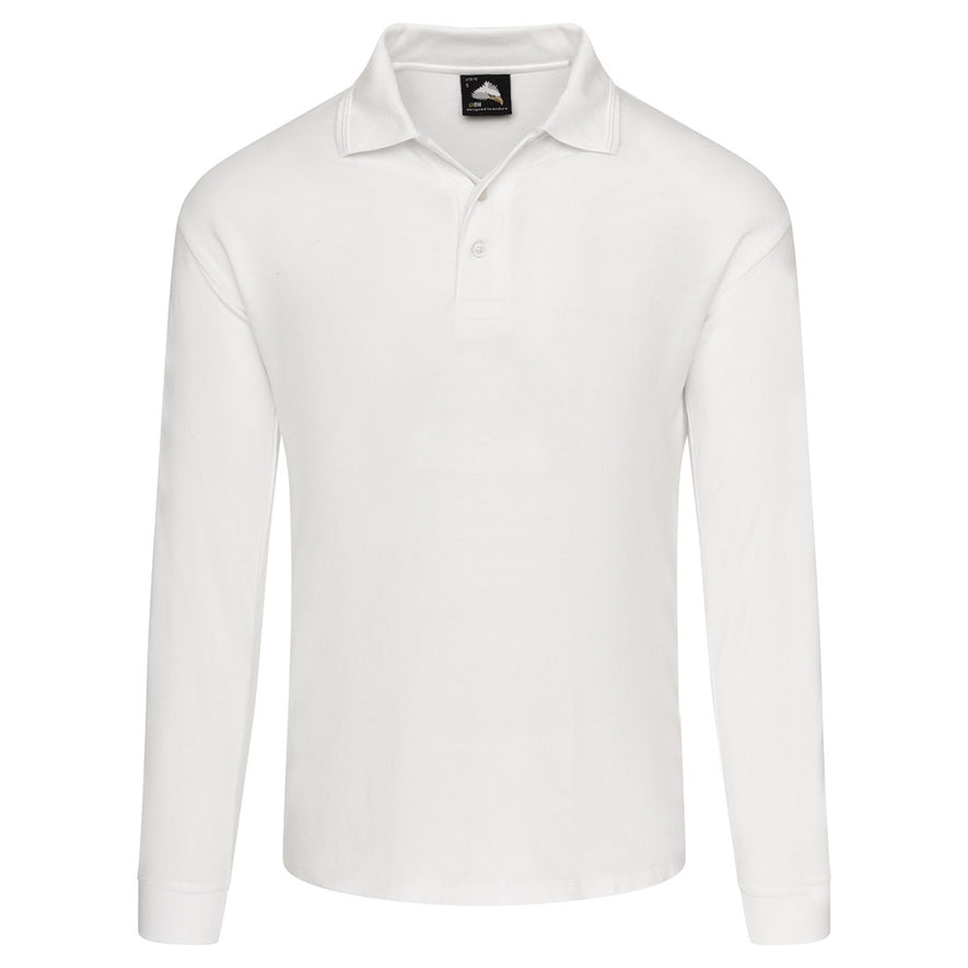 Orn Workwear Weaver Long Sleeve Poloshirt with button up collar in white.