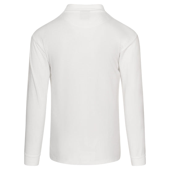 Back Of Orn Workwear Weaver Long Sleeve Poloshirt with button up collar in white.