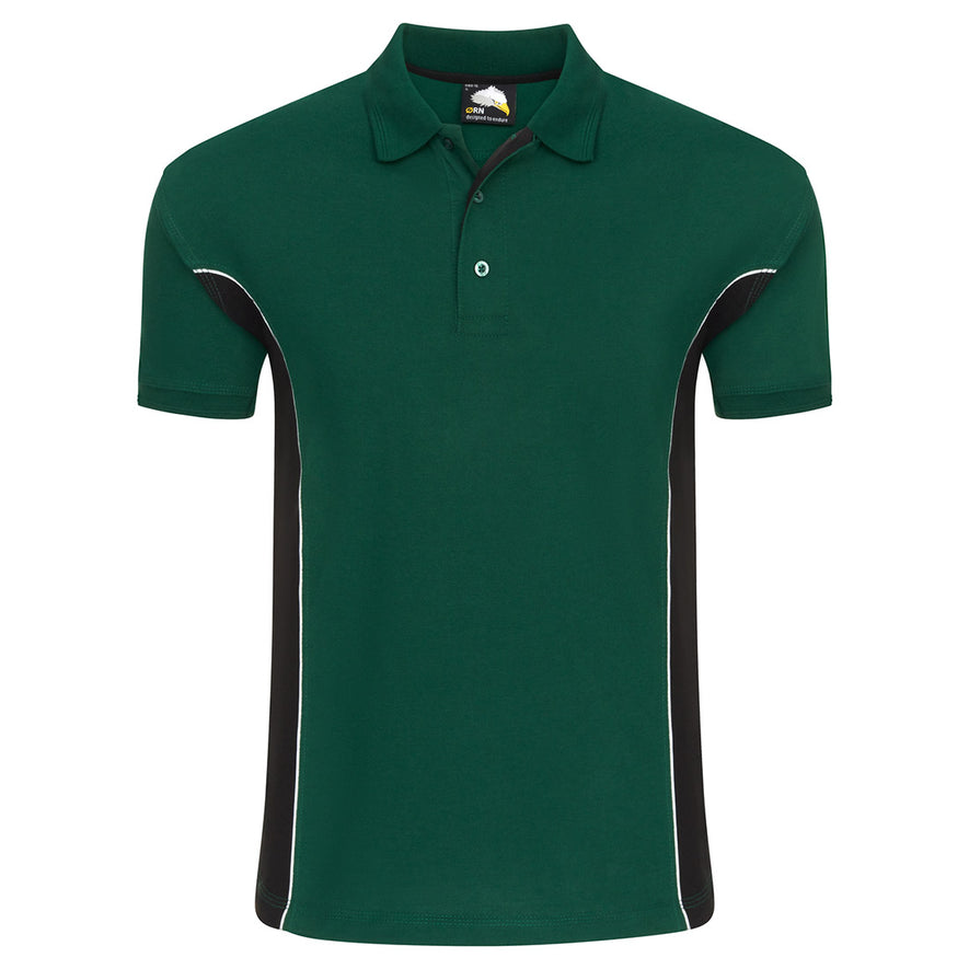 Orn Workwear Silverswift Poloshirt with button up collar in bottle green with black contrast and white piping on the sides of the shirt.