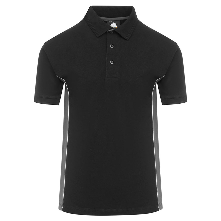 Orn Workwear Silverswift Poloshirt with button up collar in black with graphite grey contrast and white piping on the sides of the shirt.