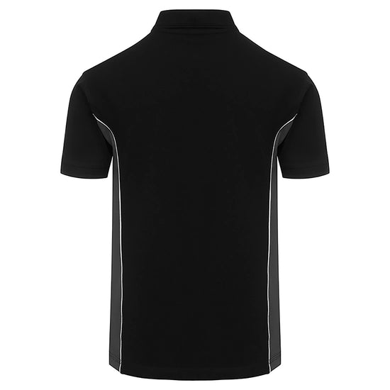 Back Of Orn Workwear Silverswift Poloshirt with button up collar in black with graphite grey contrast and white piping on the sides of the shirt.