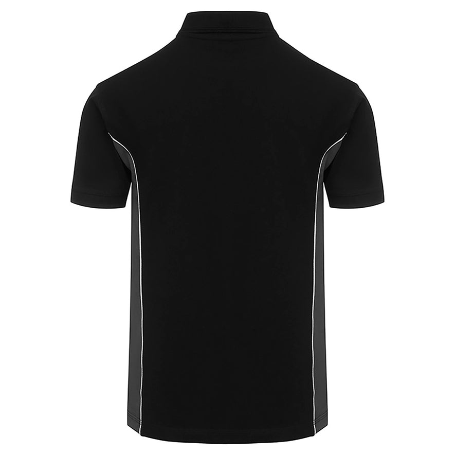 Back Of Orn Workwear Silverswift Poloshirt with button up collar in black with graphite grey contrast and white piping on the sides of the shirt.