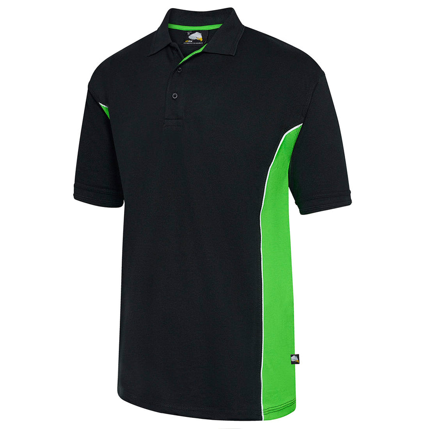 Orn Workwear Silverswift Poloshirt with button up collar in black with lime green contrast and white piping on the sides of the shirt.