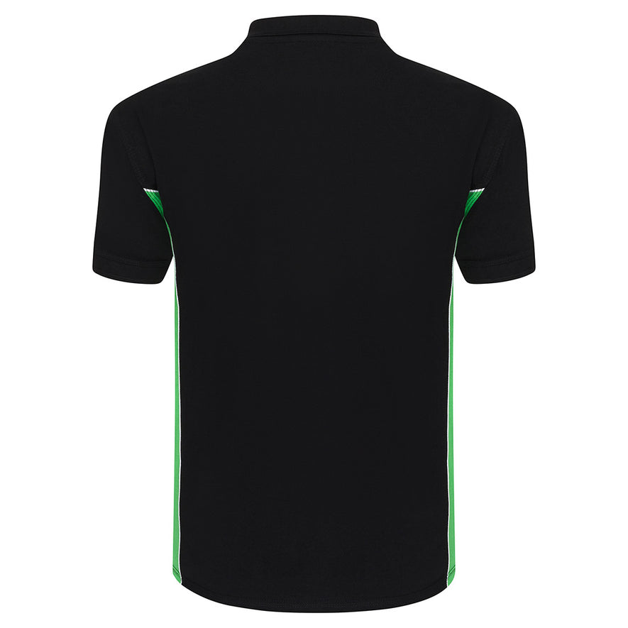 Back Of Orn Workwear Silverswift Poloshirt with button up collar in black with lime green contrast and white piping on the sides of the shirt.