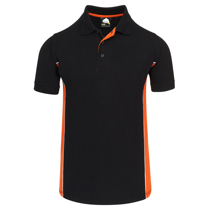 Orn Workwear Silverswift Poloshirt with button up collar in black with orange contrast and white piping on the sides of the shirt.