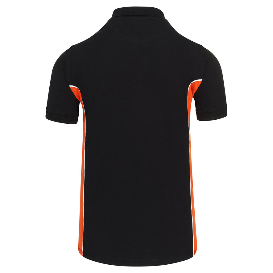 Back Of Orn Workwear Silverswift Poloshirt with button up collar in black with orange contrast and white piping on the sides of the shirt.