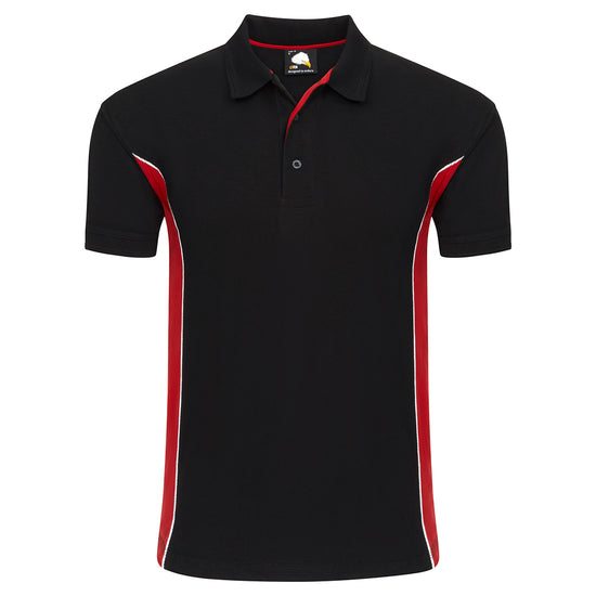 Orn Workwear Silverswift Poloshirt with button up collar in black with red contrast and white piping on the sides of the shirt.