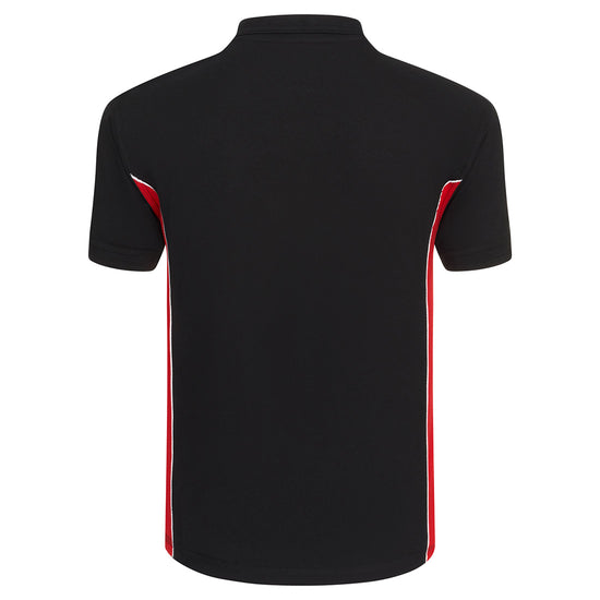 Back Of Orn Workwear Silverswift Poloshirt with button up collar in black with red contrast and white piping on the sides of the shirt.