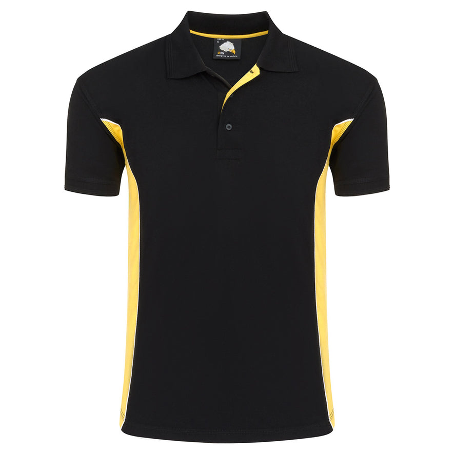 Orn Workwear Silverswift Poloshirt with button up collar in black with yellow contrast and white piping on the sides of the shirt.