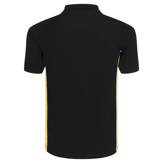 Back Of Orn Workwear Silverswift Poloshirt with button up collar in black with yellow contrast and white piping on the sides of the shirt.