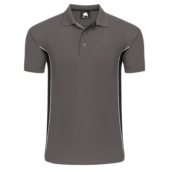 Orn Workwear Silverswift Poloshirt with button up collar in graphite grey with black contrast and white piping on the sides of the shirt.