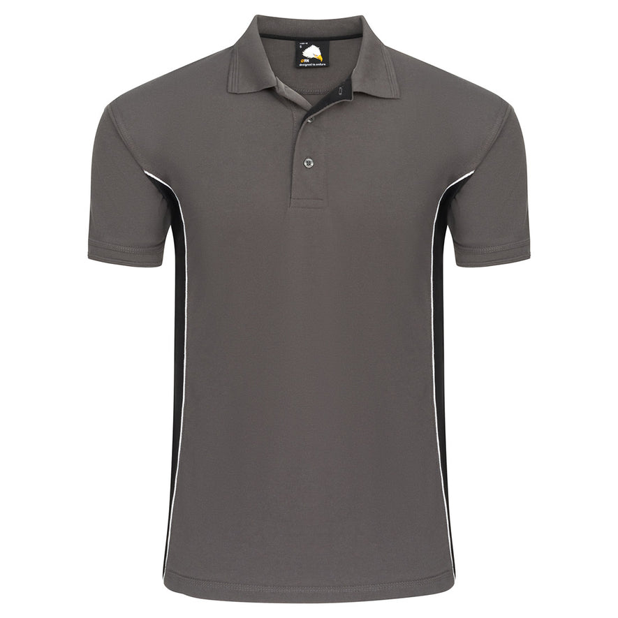 Orn Workwear Silverswift Poloshirt with button up collar in graphite grey with black contrast and white piping on the sides of the shirt.